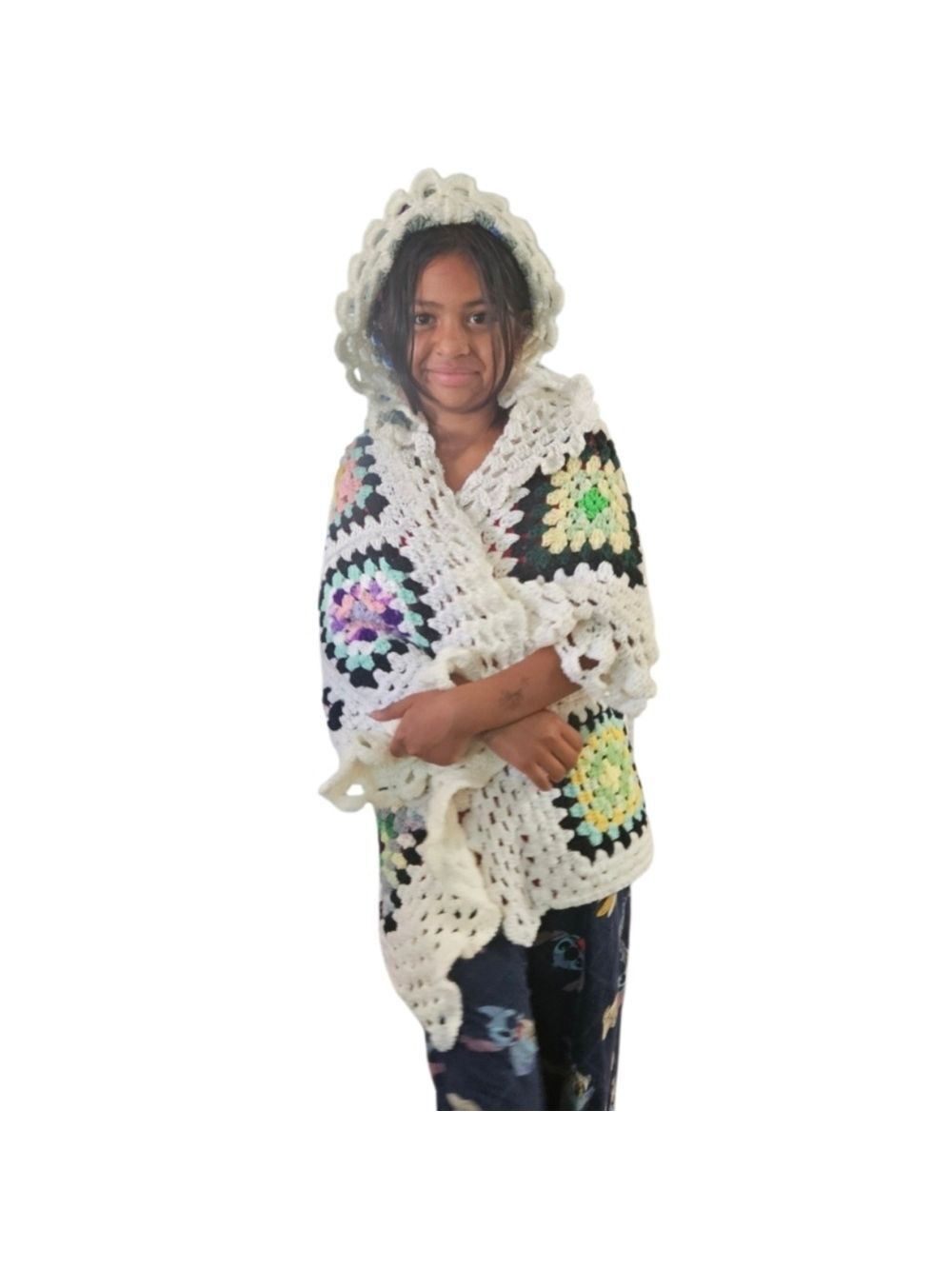 Hand Crafted Crochet Granny Square Cardigan open front Hooded Colorfull Sweater - Picture 11 of 17
